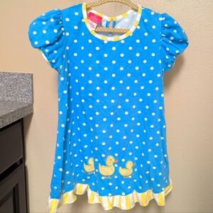 Claire And Charlie Girls Duckling Dress Blue Yellow Dot Tunic 6X Applique